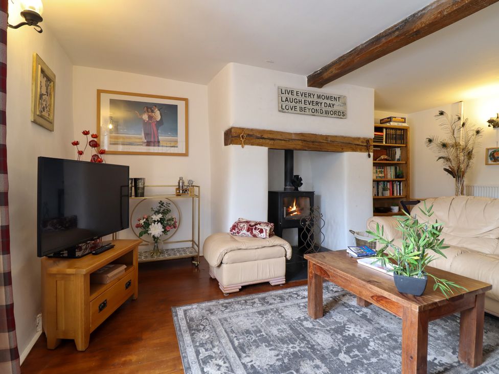 A living room with a television and bookshelves at Hud Y Coed in Llangynog