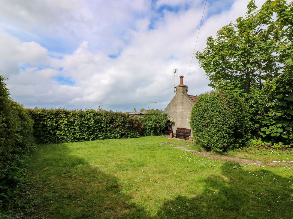 A garden with grass and a bench at Viola Cottage in Fraserburgh