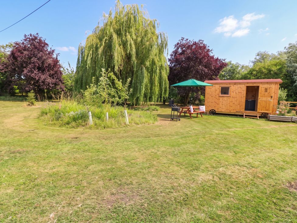 A garden with a wooden shed, table, and chair at Laurel near Littleport
