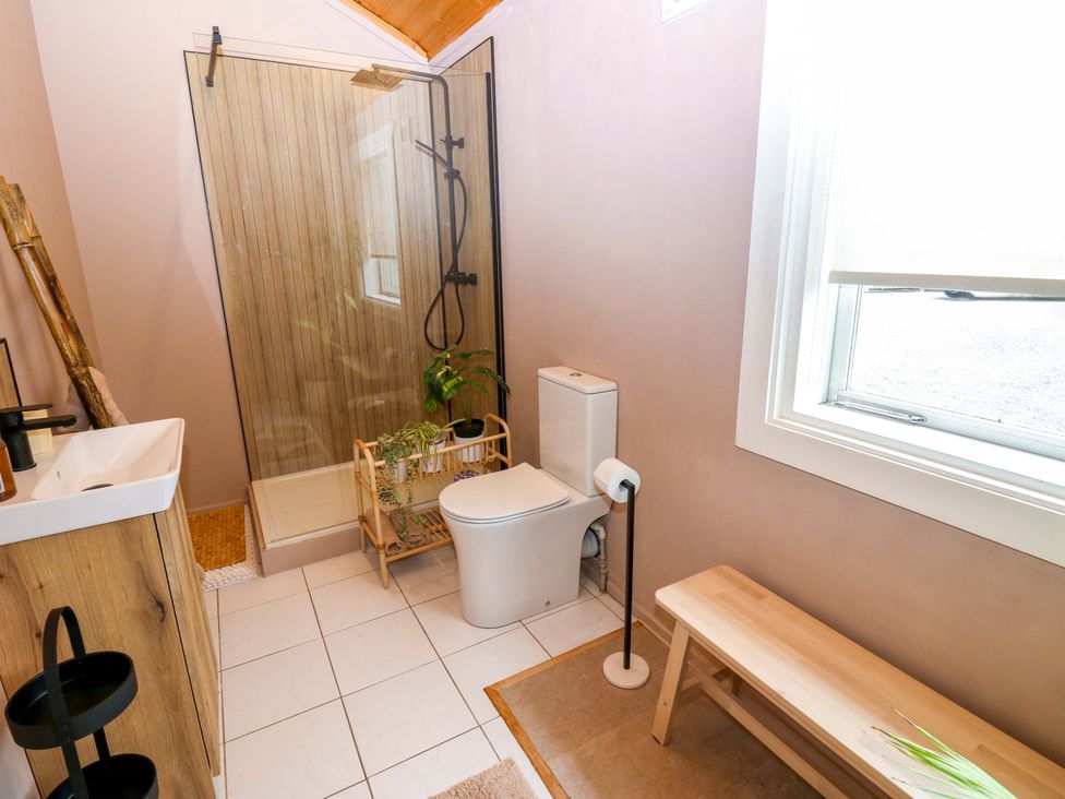 A bathroom with a shower, toilet, and sink at Bull Rush Cabin Carwinley near Longtown