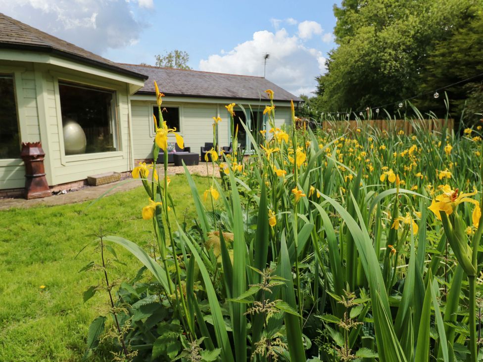 A garden with flowers and a building at Bull Rush Cabin in Carwinley near Longtown