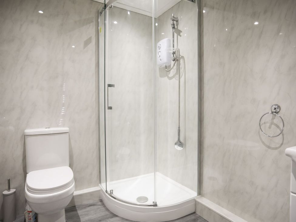 A bathroom with a shower and toilet at Bryn Llifon in Pentraeth