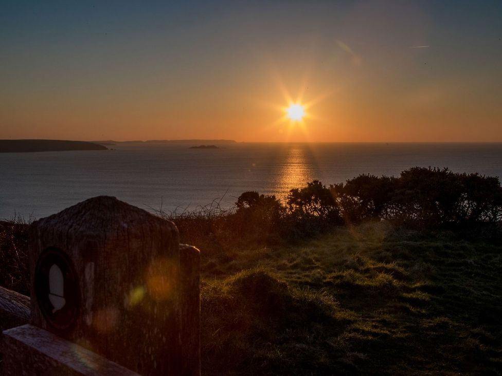 A sunset view over the ocean with bushes at One Sand Banks in Haverfordwest