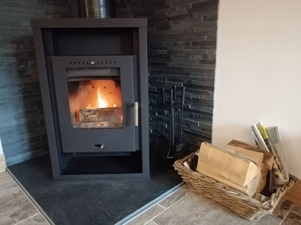 A wood stove with fire and a basket of firewood at TBC