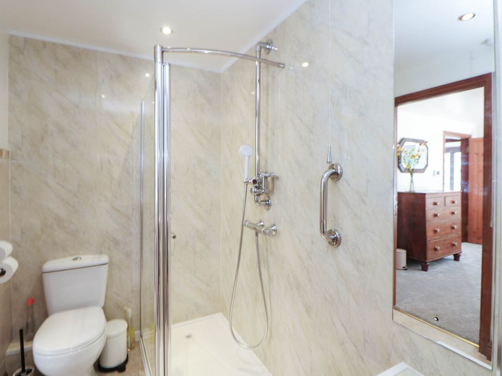 A bathroom with a shower and toilet at Stone Lily Cottage
