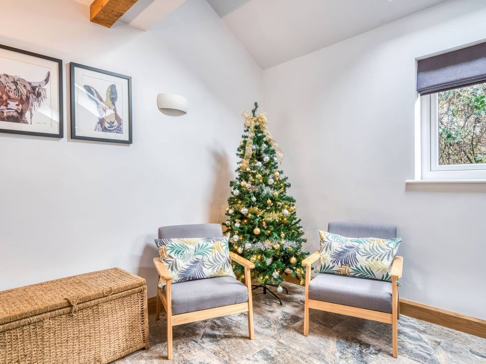A sitting room with a Christmas tree and two chairs at TBC