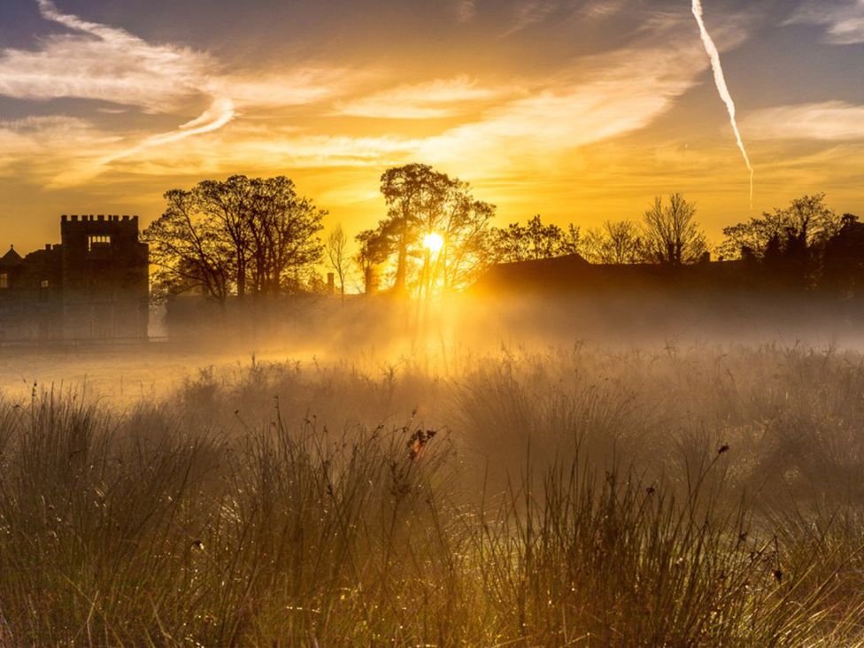 A sunrise with a building and trees in the foreground at Heathe End in Lodsworth near Eastbourne