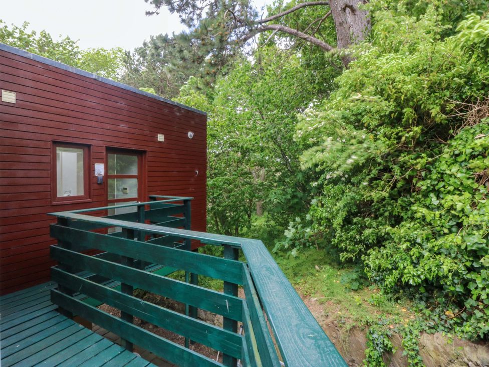 A balcony with a wooden railing surrounded by trees at The Treehouse in Colwyn Bay