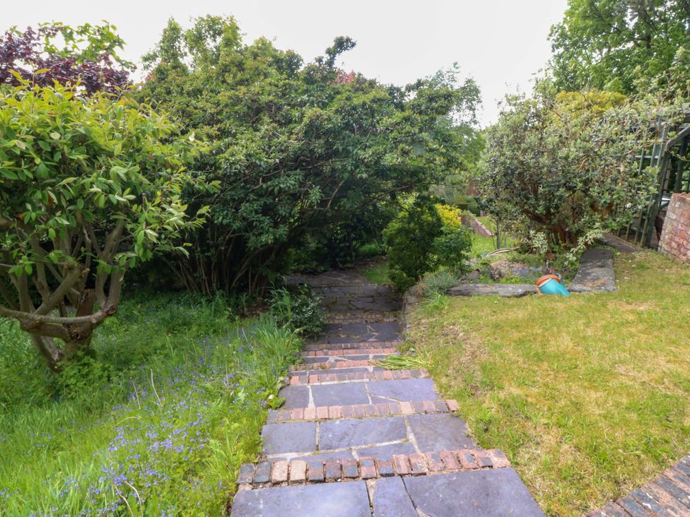 A garden with a stone path leading downhill at The Treehouse in Colwyn Bay