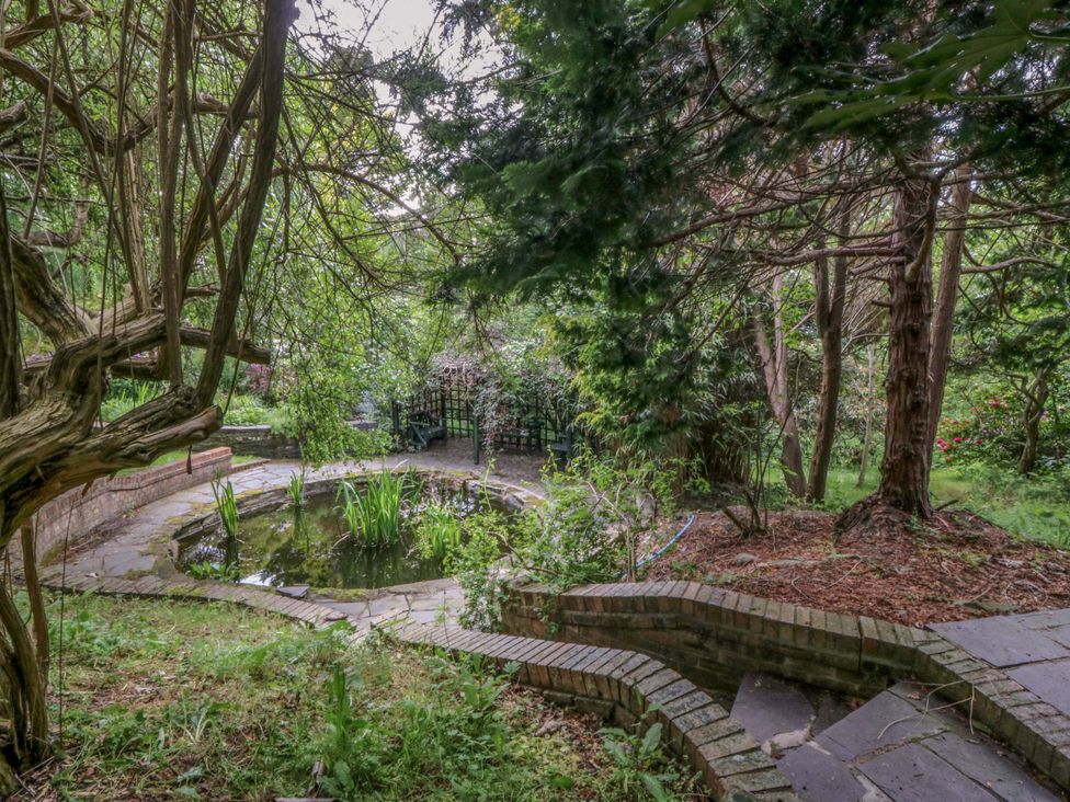 A garden with a pond and pathway at The Treehouse in Colwyn Bay
