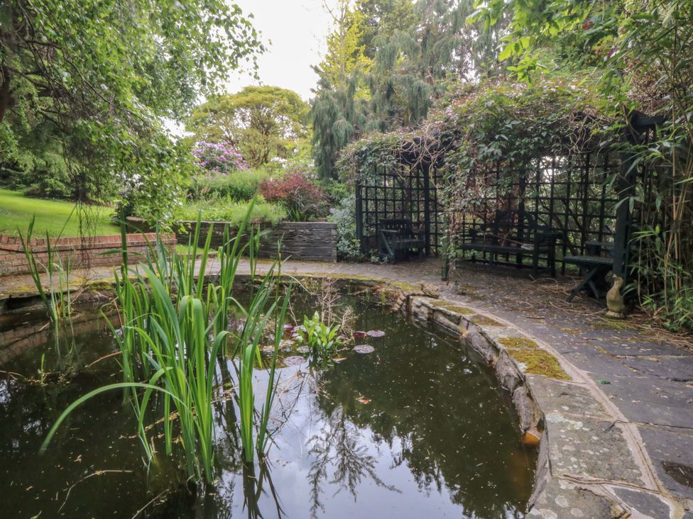 A garden with a pond and stone path at The Treehouse in Colwyn Bay