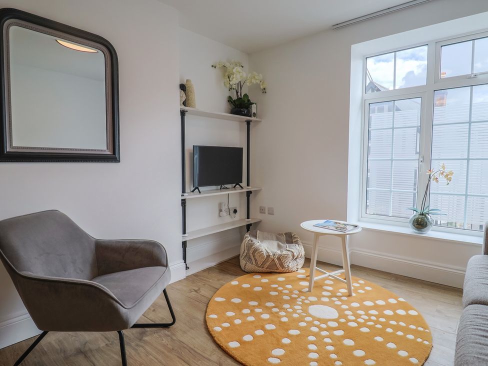 A living room with a mirror and television at Flat 1 Harley House in Sidmouth