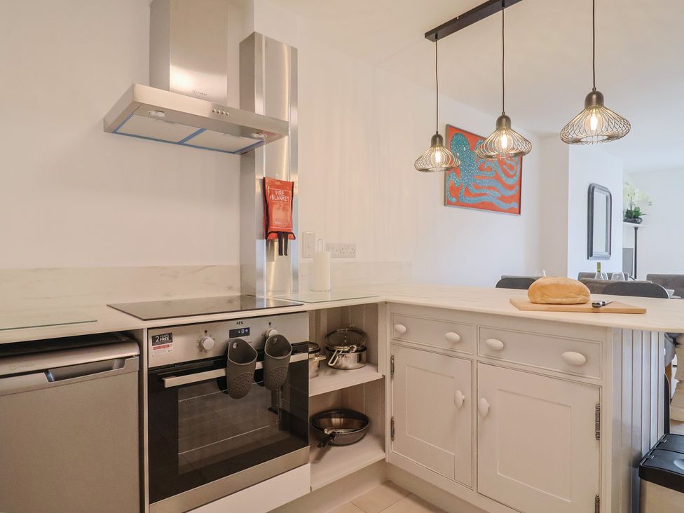 A kitchen with oven and dishwasher at Flat 1 Harley House in Sidmouth