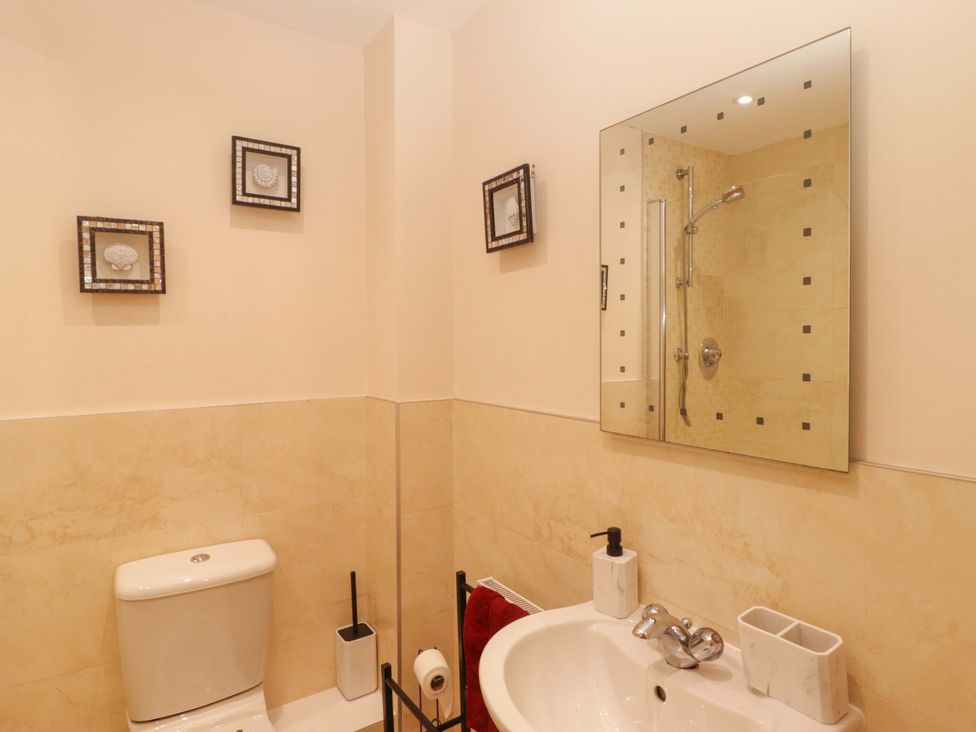 A bathroom with a toilet, sink, shower, and mirror at Twyni Bach