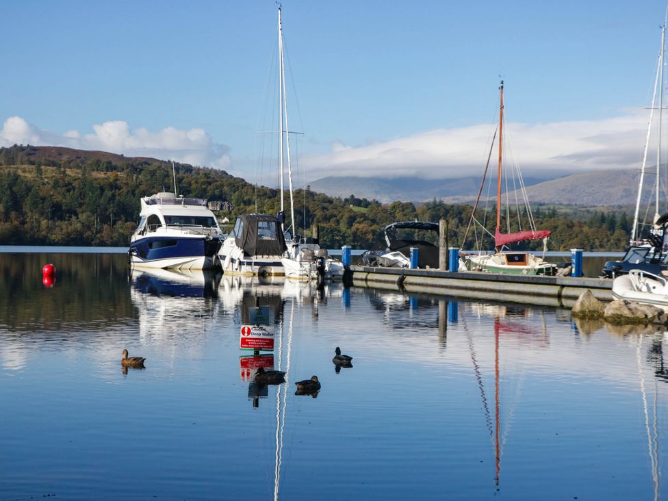 A marina with boats and ducks in the water at 89 Ambleside in White Cross Bay