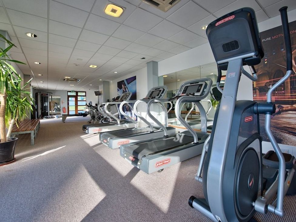 A gym with elliptical machines and plants at O7 Abersoch