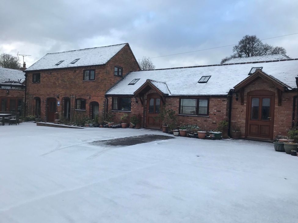Houses covered in snow with a driveway and plants at a property