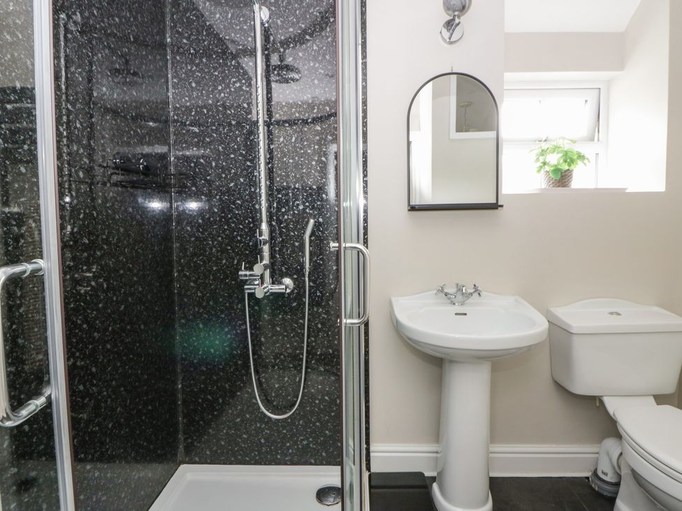 A bathroom with a shower, sink, and toilet at Arosfa New Quay