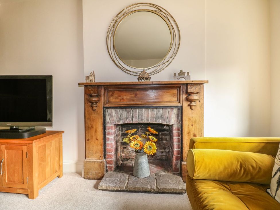 A living room with a television and a fireplace at Lion House in Ashbourne