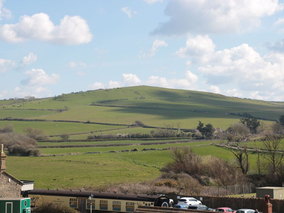 A view of hills and fields with trees and a train at Flat 30 in Bridport