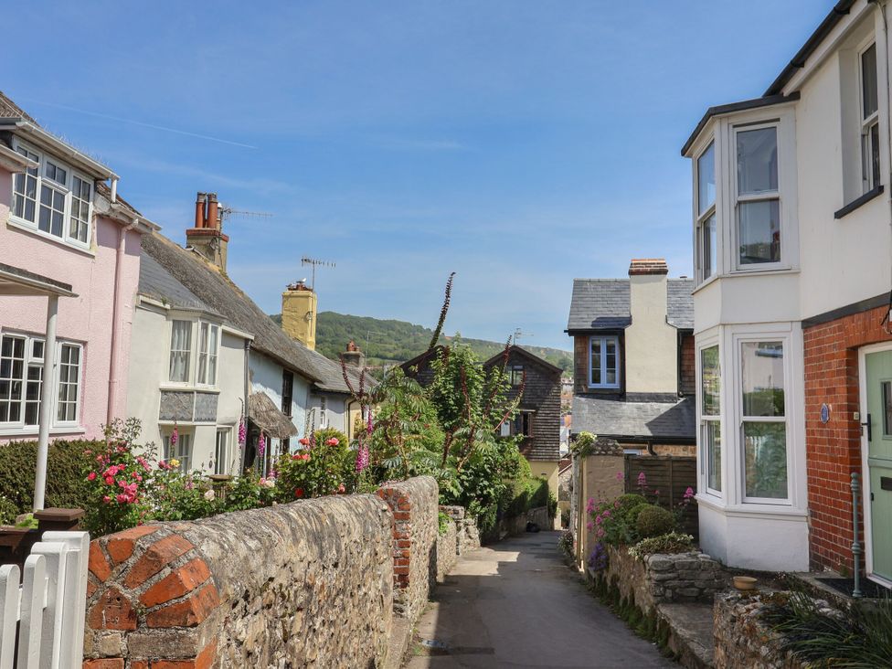A street lined with houses and flowers at Mayflower Cottage in Lyme Regis