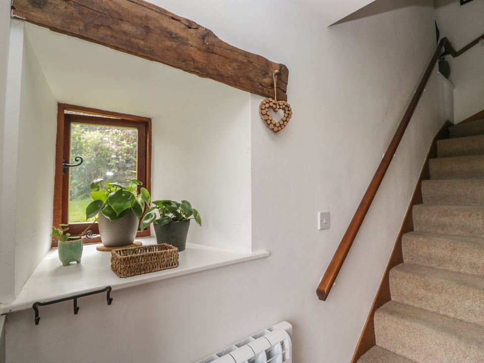A hallway with a window and potted plants at Over Brow Cottage in Coniston