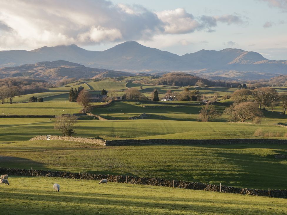 A landscape with fields and sheep in the foreground at Over Brow Cottage in Coniston