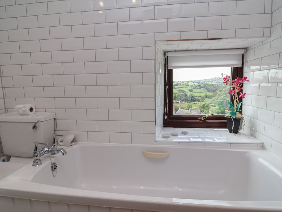 A bathroom with a bathtub and a window view at Tenandeleven Cottage in Denbigh