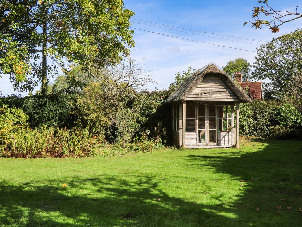 A garden with a shed and surrounding trees at Little Owl in High Cross near Petersfield