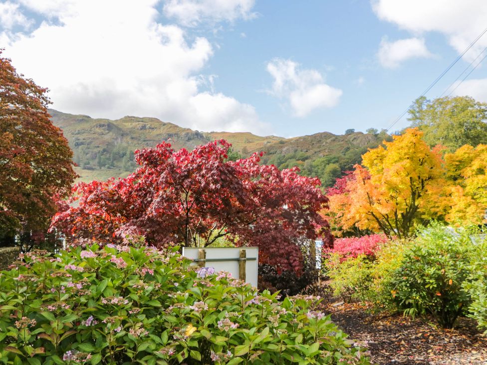 A garden with various trees and bushes at Dunmail Raise, Grasmere Lodge in Grasmere