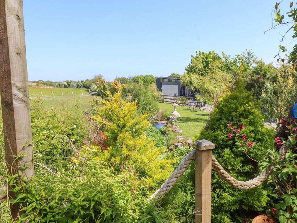 A garden with various plants and seating area at The Cabin Amlwch