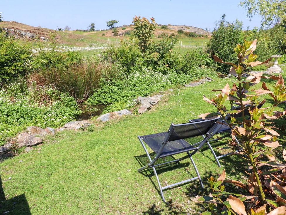 A garden with a chair and plants at The Cabin in Amlwch