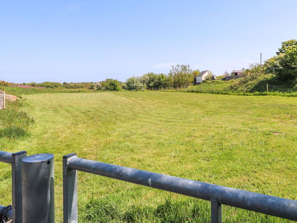A field with grass and trees in the background at The Cabin in Amlwch