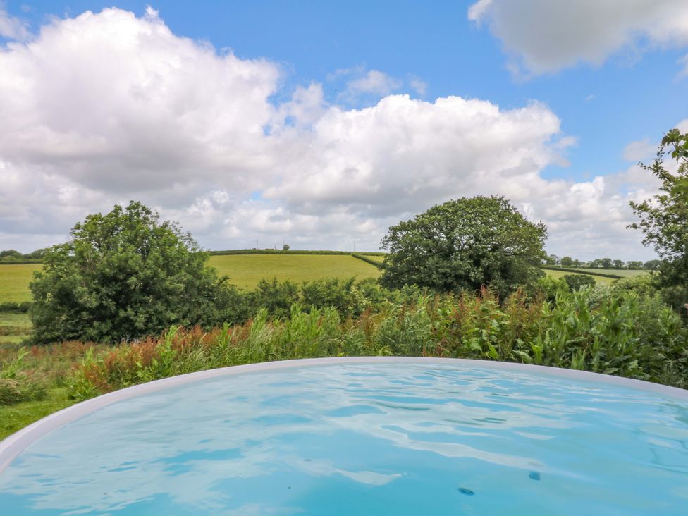 A pool with a view of trees and fields at Reddaway Byre in Okehampton