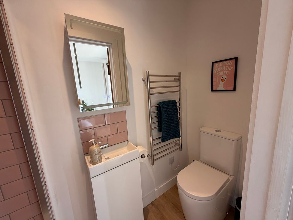 A bathroom with a mirror, toilet, and washbasin at High View Barn in Launceston