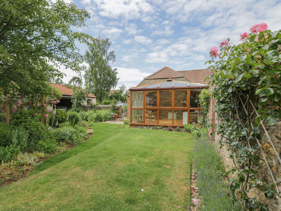 A garden with a conservatory and plants at The Garden Studio in Bremhill near Calne