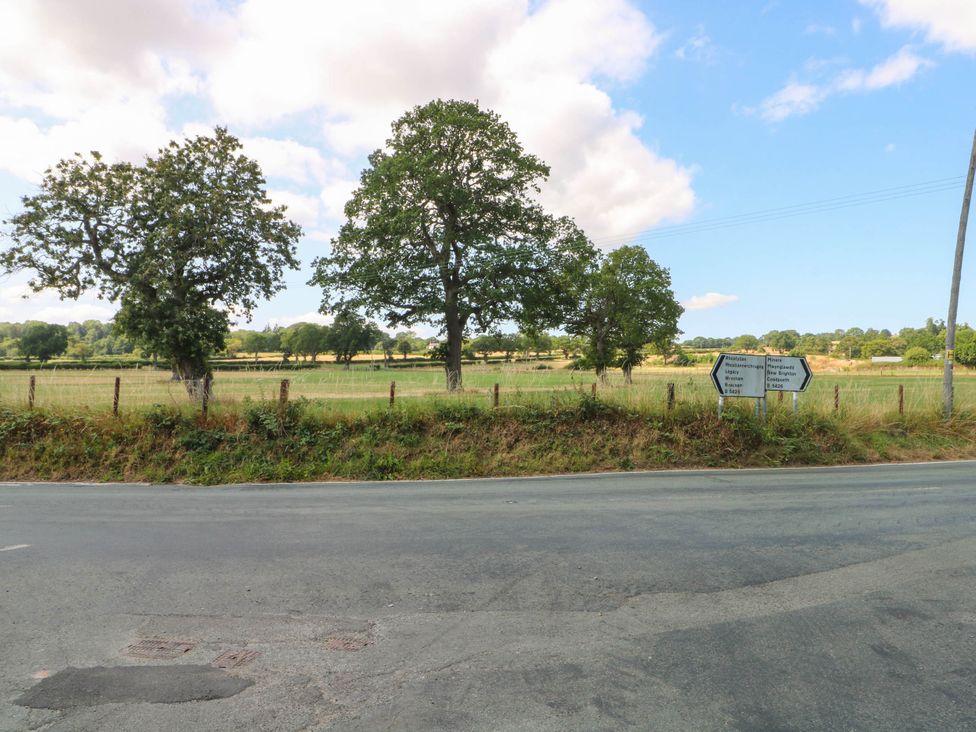 An outdoor scene with two trees and a directional sign at Buzzards Retreat in Wrexham