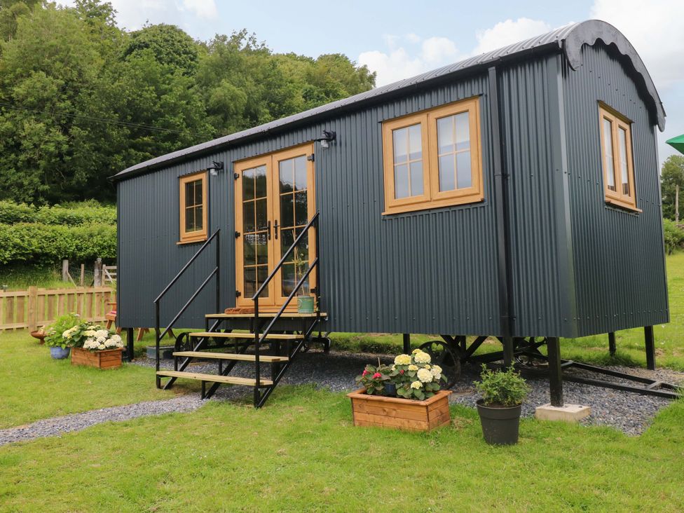 A shepherd hut with wooden door and steps at Shepherd Hut 1 in Llandeilo