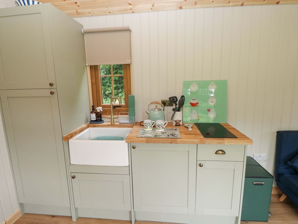 A kitchen with a sink and stove area at Shepherd Hut 1 Llandeilo