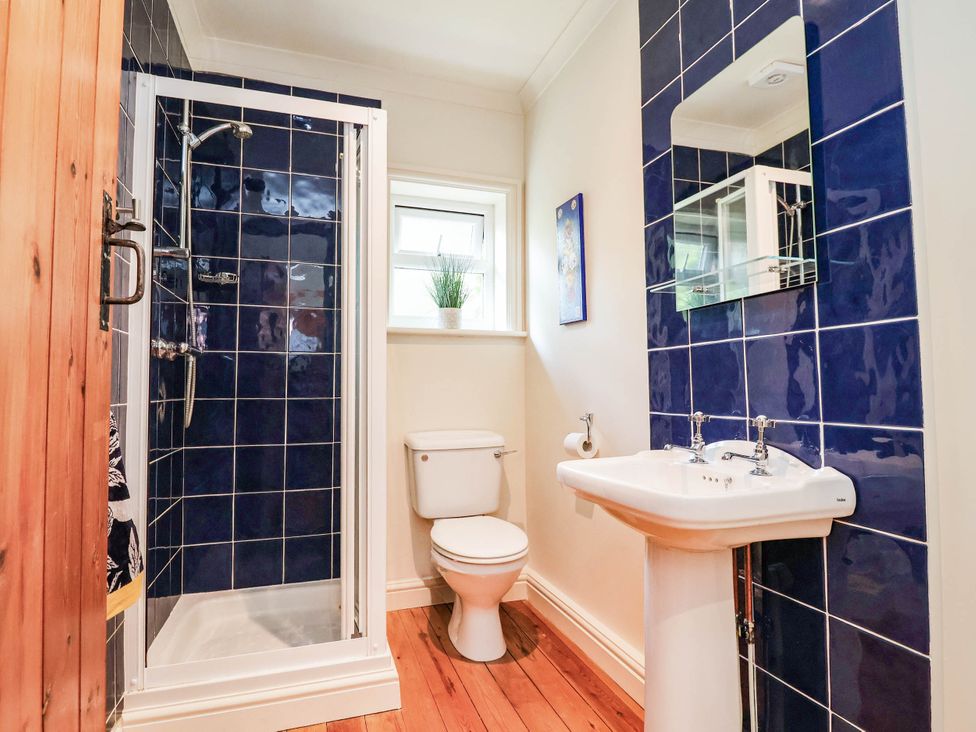 A bathroom with a shower, toilet, and sink at Lyneal Cottage in Ellesmere