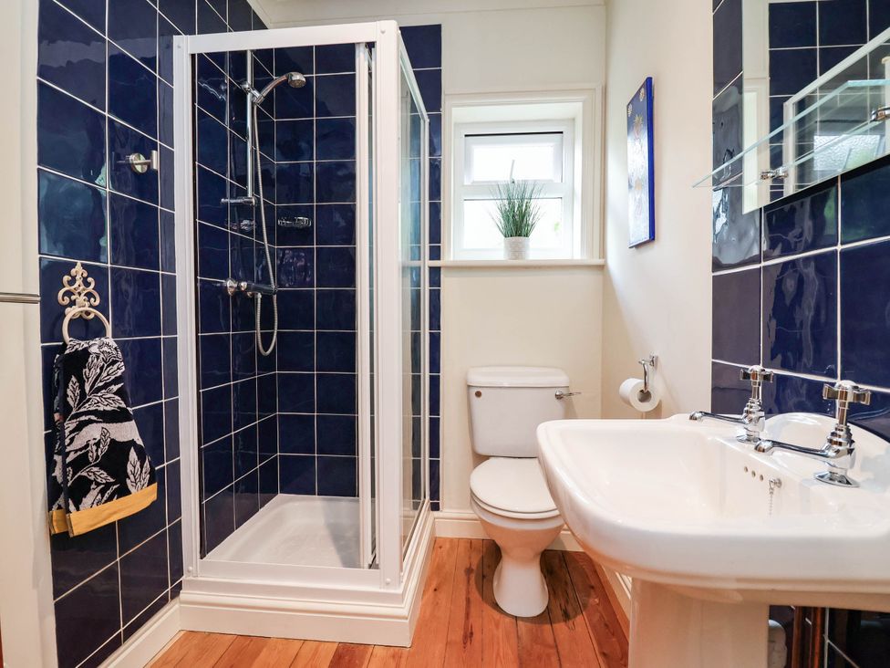 A bathroom with a shower, toilet, and sink at Lyneal Cottage in Ellesmere