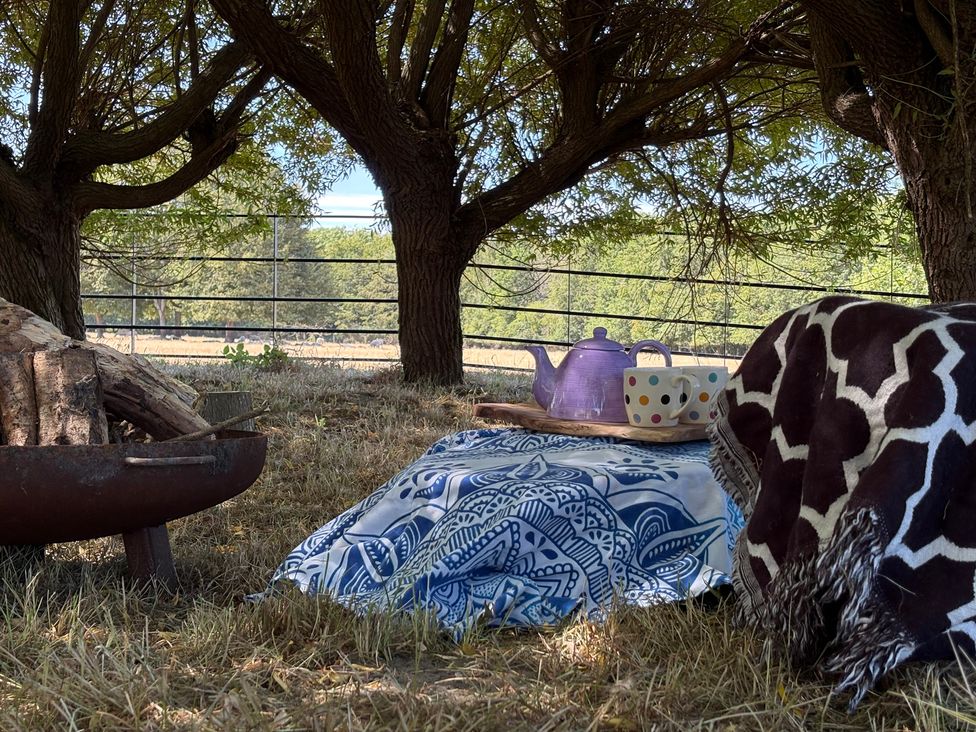 A picnic setup with a kettle and teacups under trees at The Old Dairy in Corsley near Warminster