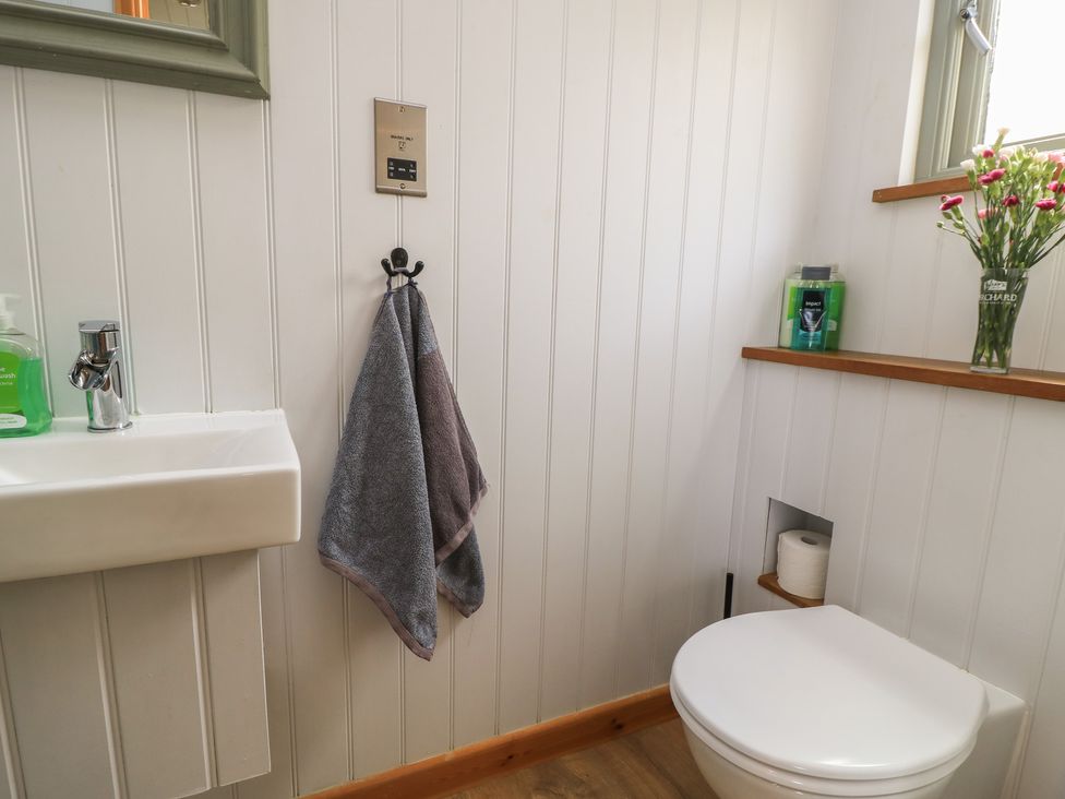 A bathroom with a sink, toilet, and towel hook at Damsons in Williton