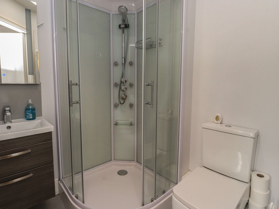 A bathroom with shower and toilet at Conway Mart Cottage in Conwy