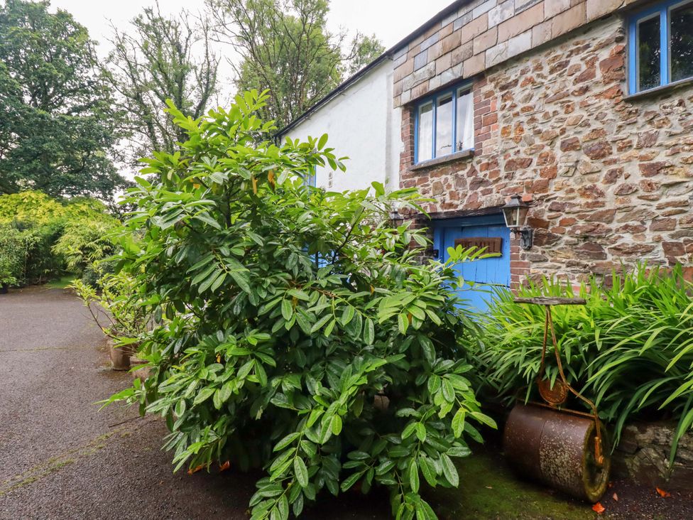 A garden with plants and a stone wall at The Water Mill at Boyton Mill Launceston