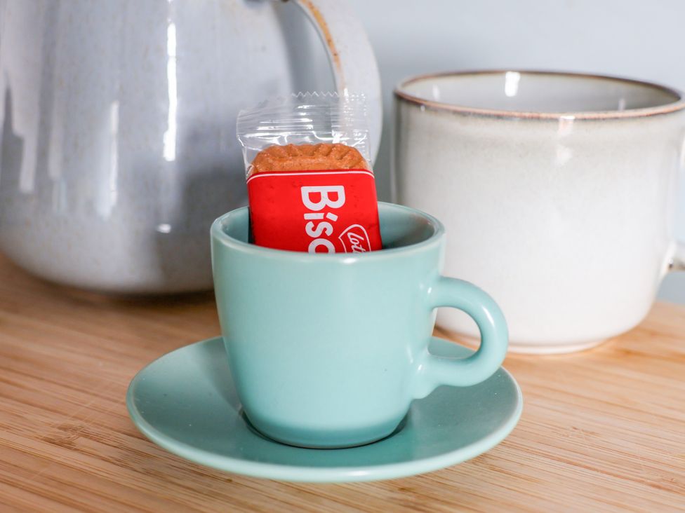A cup with a biscuit on a saucer at Apartment Blue in Whitby