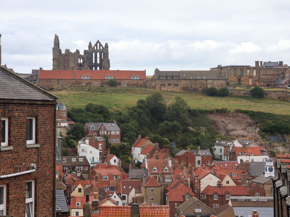 A view of ruins and rooftops from a hill at Apartment Green in Whitby