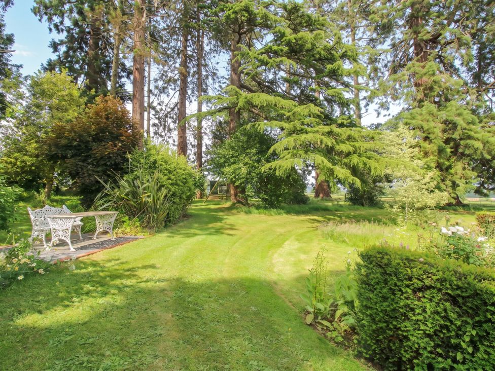 A garden with a bench and trees at Apple Bough Cottage Hereford