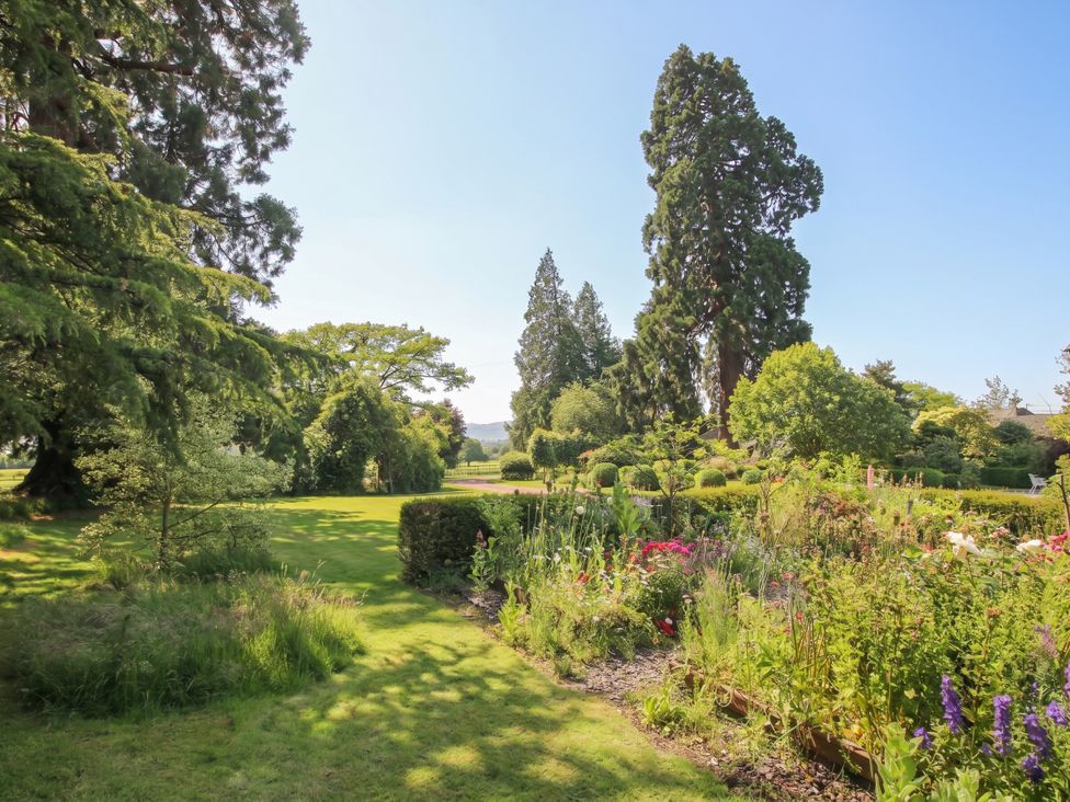 A garden with trees and flower beds at Chess Cottage in Hereford