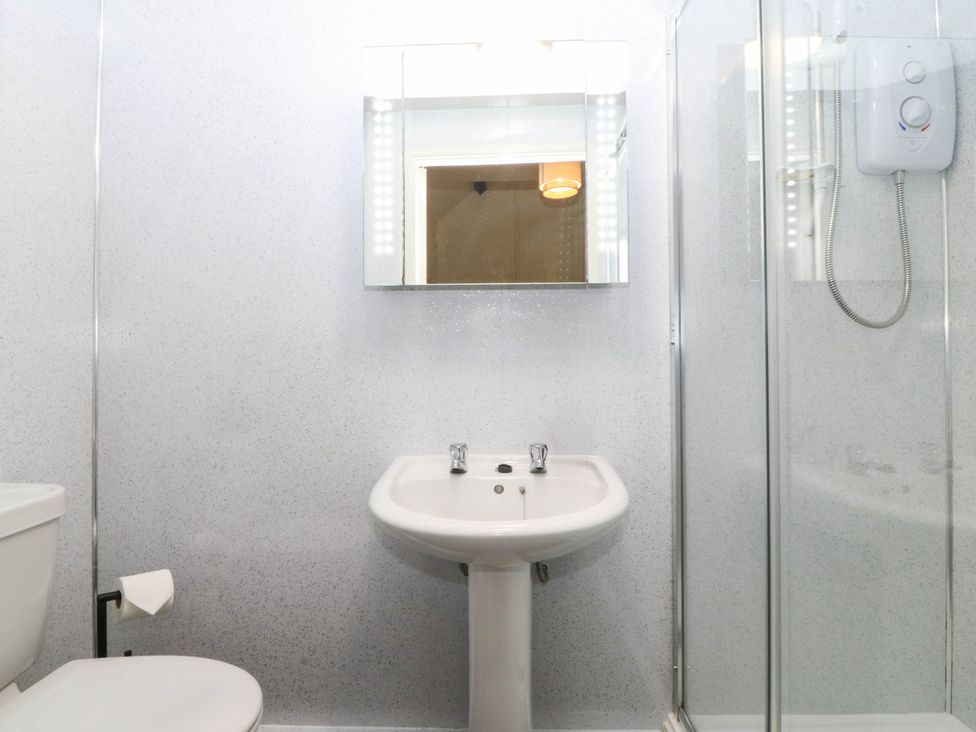 A bathroom with a sink, toilet, and shower at Bwthyn Bach in Pentrefelin